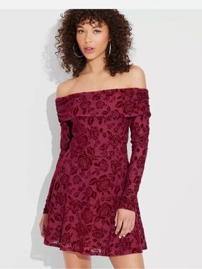 wild fable Off-Shoulder Rose Velvet Fit & Flare Dress in Burgundy